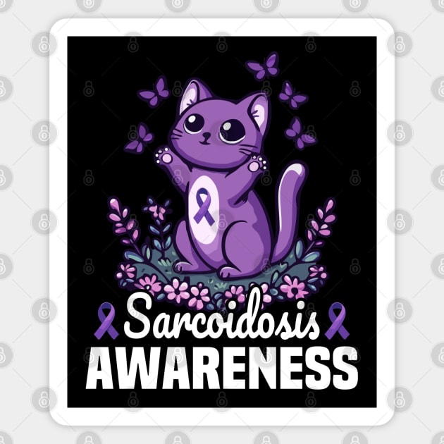 Cat And Butterflies Sarcoidosis Awareness Month Purple Ribbon Magnet by MoDesigns22 